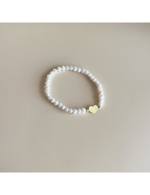 Pulseira Pérolas e Coraçao Prata Dourada