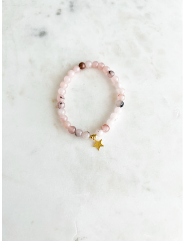 PULSEIRA PEDRAS ROSA CLARO ESTRELA PRATA DOURADA