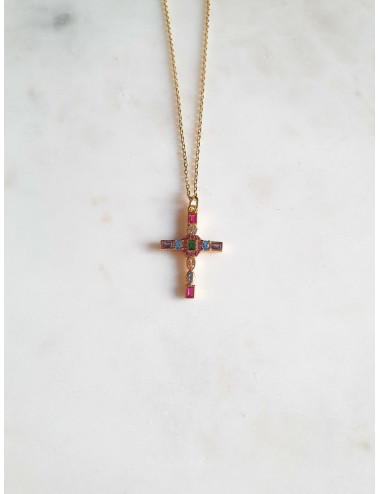 COLAR CRUZ PEDRAS COLORIDAS PRATA