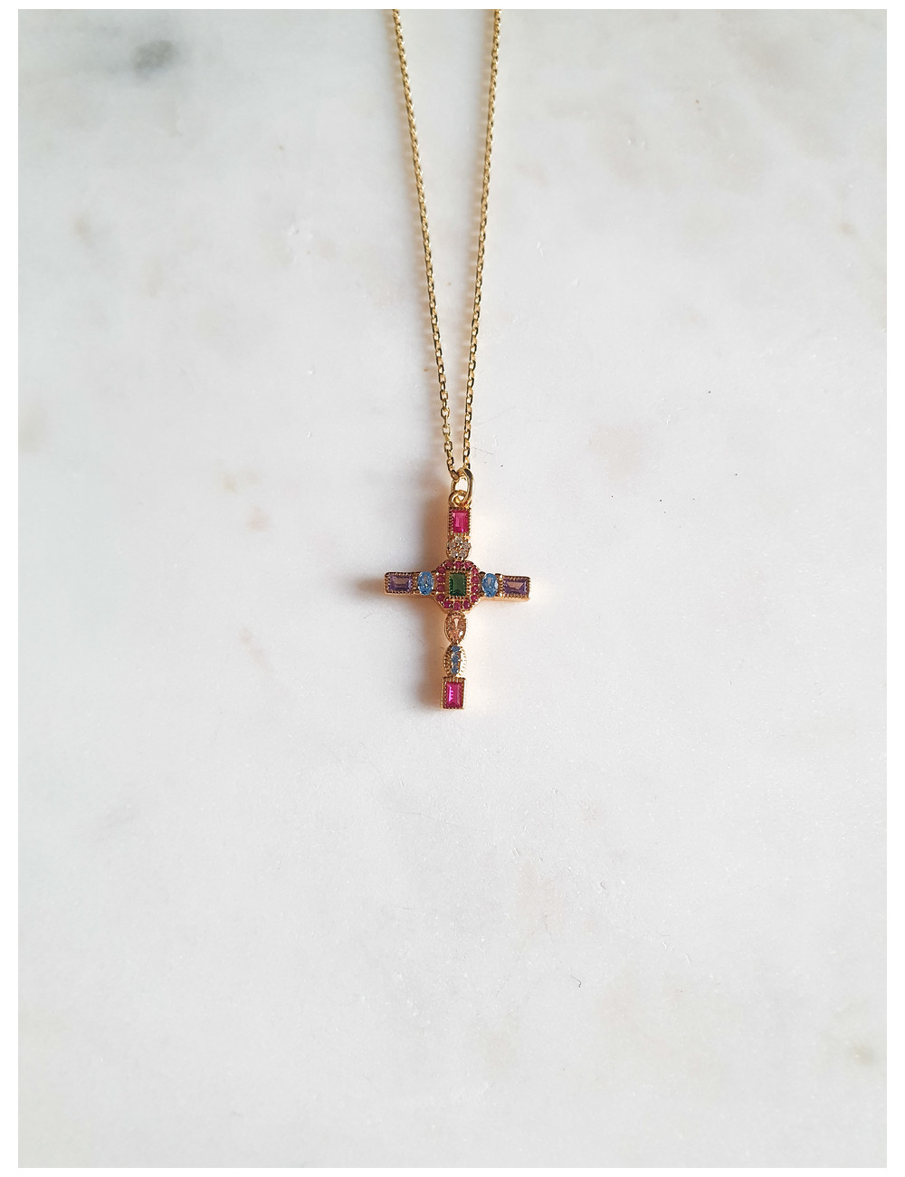 COLAR CRUZ PEDRAS COLORIDAS PRATA