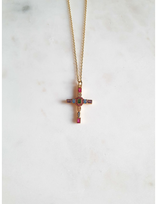 COLAR CRUZ PEDRAS COLORIDAS PRATA