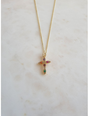 COLAR CRUZ PEDRAS COLORIDAS PRATA