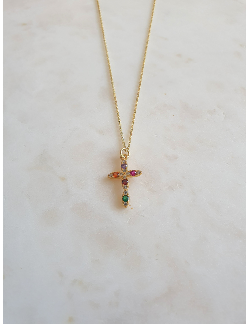 COLAR CRUZ PEDRAS COLORIDAS PRATA