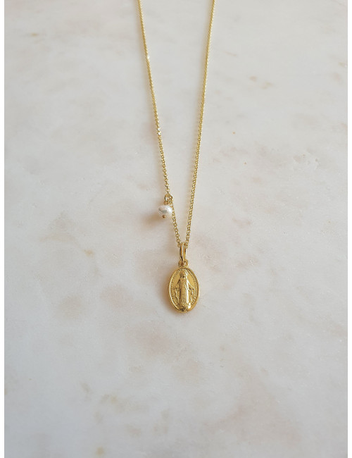 COLAR MILAGROSA E PÉROLA PRATA DOURADA