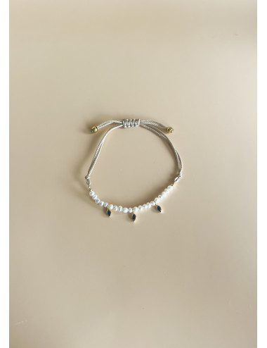 Pulseira Seda e Pérolas Azul Prata Dourada