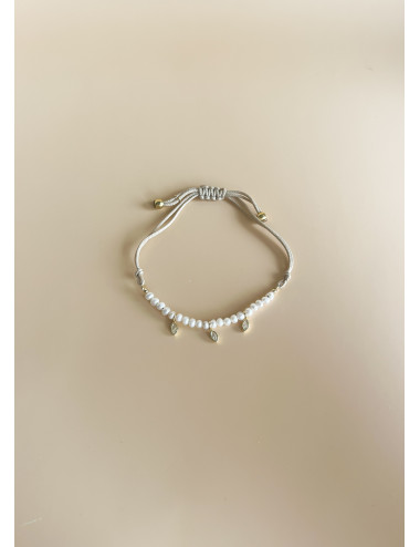 Pulseira Seda e Pérolas Branco Prata Dourada