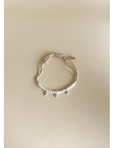 Pulseira Seda e Pérolas Azul Prata Dourada