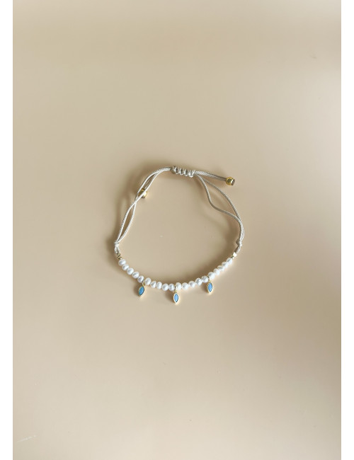 Pulseira Seda e Pérolas Azul Prata Dourada