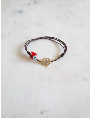 PULSEIRA EM FIO SEDA TREVO PRATA DOURADA