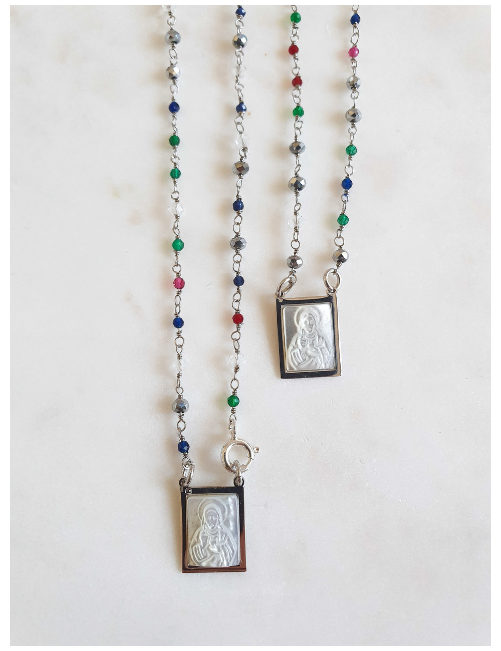 ESCAPULÁRIO TURMALINAS MADREPÉROLA PRATA