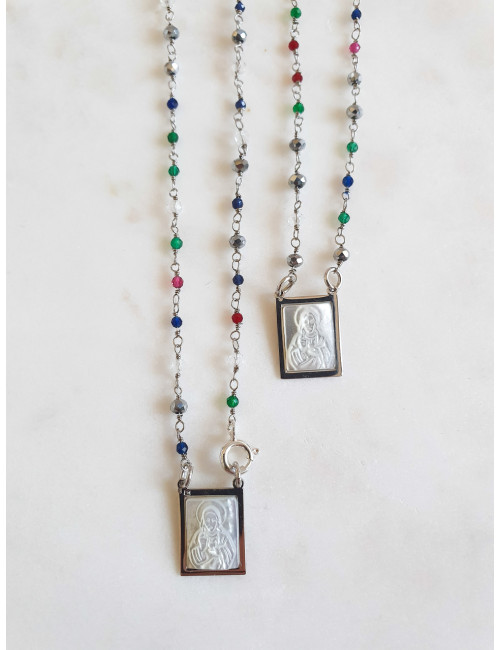 ESCAPULÁRIO TURMALINAS MADREPÉROLA PRATA