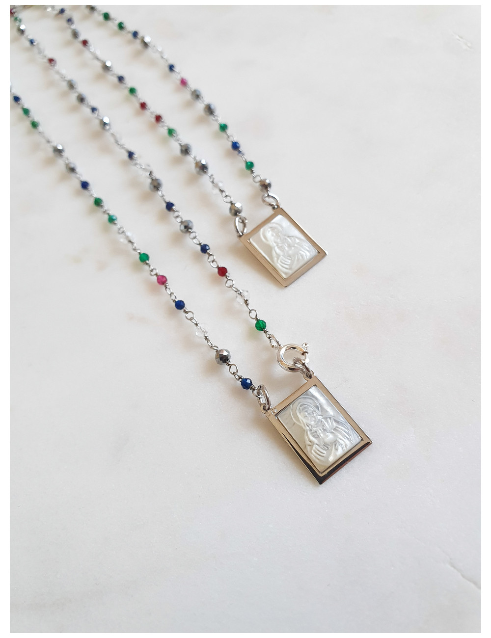 ESCAPULÁRIO TURMALINAS MADREPÉROLA PRATA