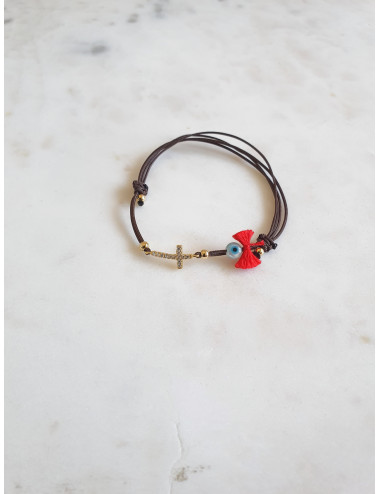 PULSEIRA EM FIO SEDA CRUZ PRATA DOURADA