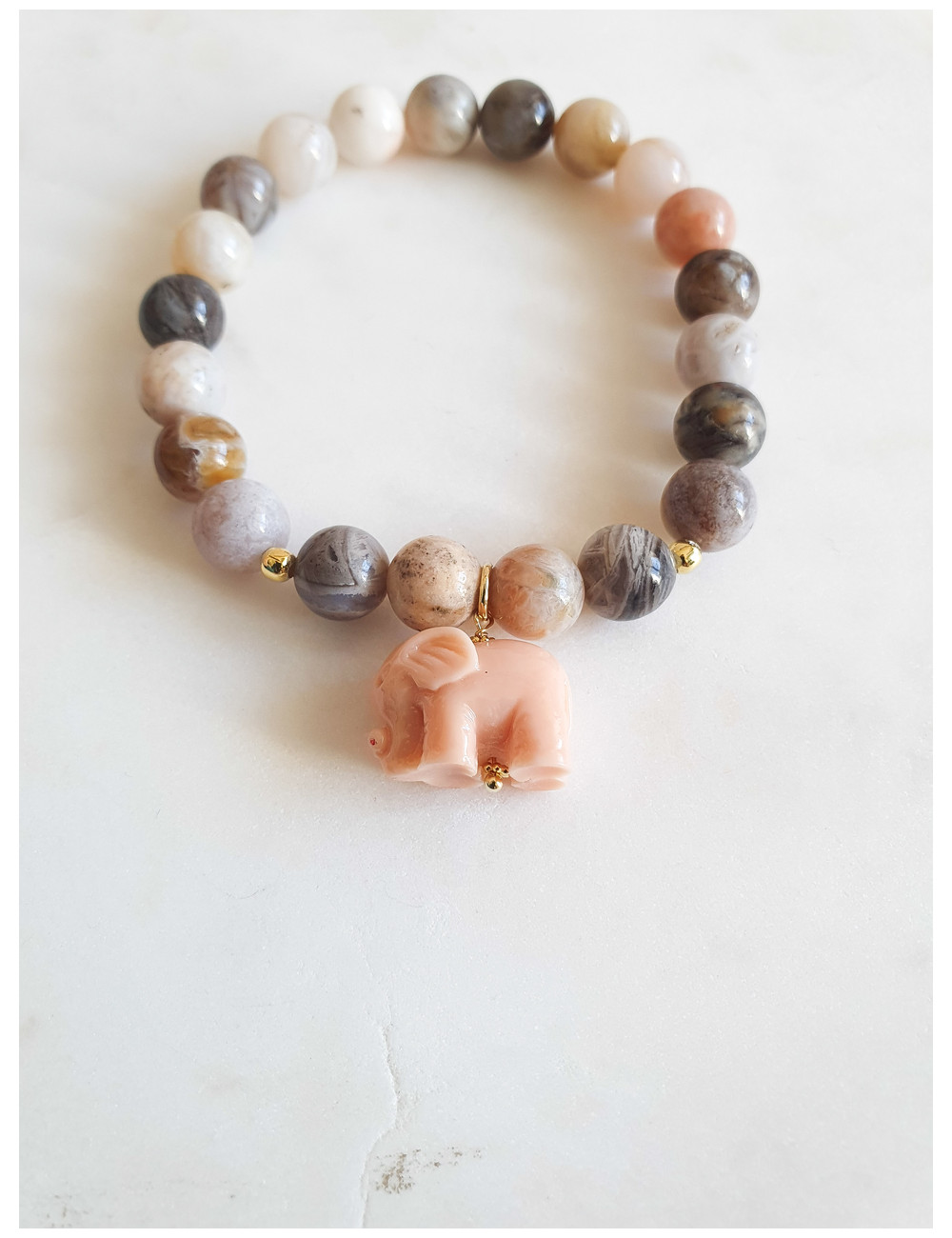 PULSEIRA PEDRAS BEJE E ELEFANTE ROSA