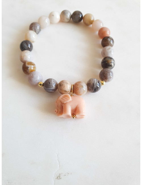 PULSEIRA PEDRAS BEJE E ELEFANTE ROSA