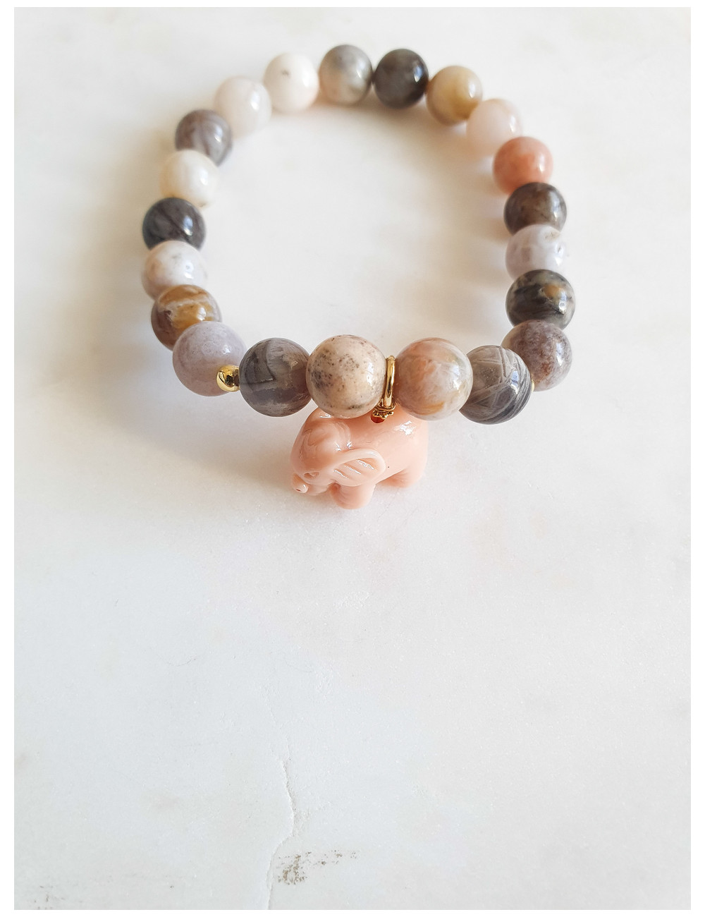PULSEIRA PEDRAS BEJE E ELEFANTE ROSA