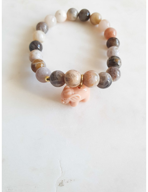 PULSEIRA PEDRAS BEJE E ELEFANTE ROSA