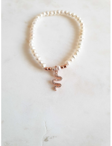 PULSEIRA PÉROLAS COM COBRA PRATA ROSE GOLD