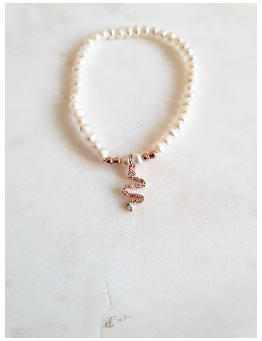 PULSEIRA PÉROLAS COM COBRA PRATA ROSE GOLD