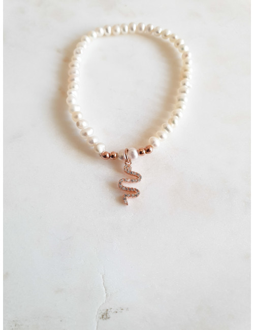 PULSEIRA PÉROLAS COM COBRA PRATA ROSE GOLD