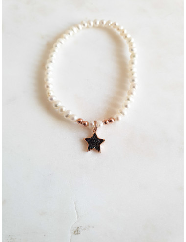 PULSEIRA PEROLAS ESTRELA PRATA ROSE GOLD