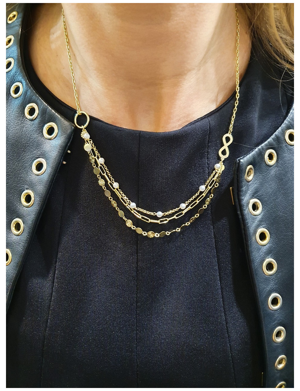 COLAR TRIPLO INFINITO PRATA DOURADA