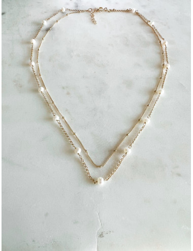 COLAR DUPLO COM PÉROLAS EM PRATA DOURADA