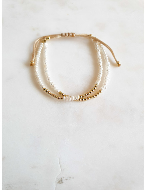 PULSEIRA SEDA E PÉROLAS PRATA DOURADA