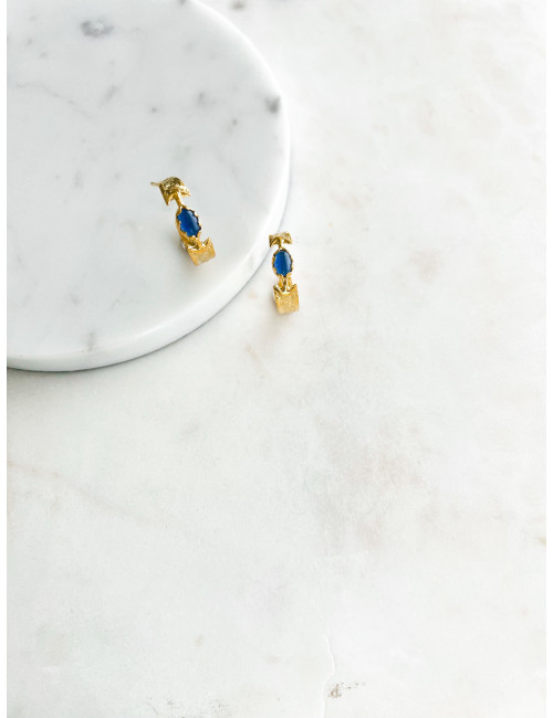 BRINCOS GIO PEDRA AZUL PRATA DOURADA