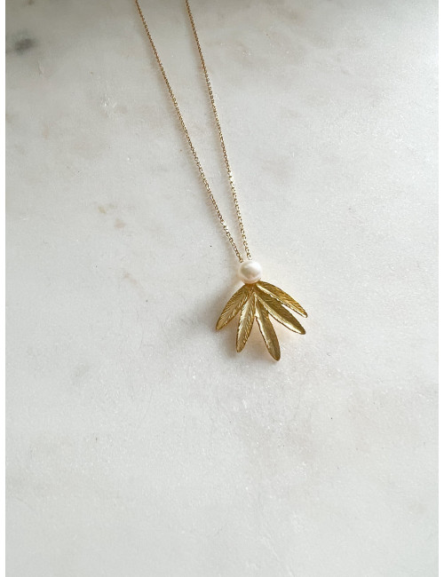 Colar Folha e Pérola Prata Dourada