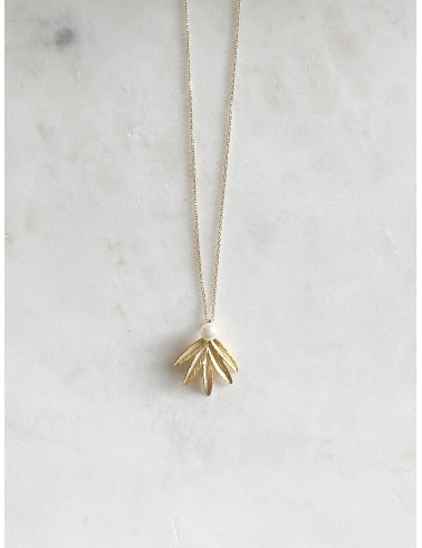 Colar Folha e Pérola Prata Dourada