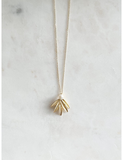 Colar Folha e Pérola Prata Dourada