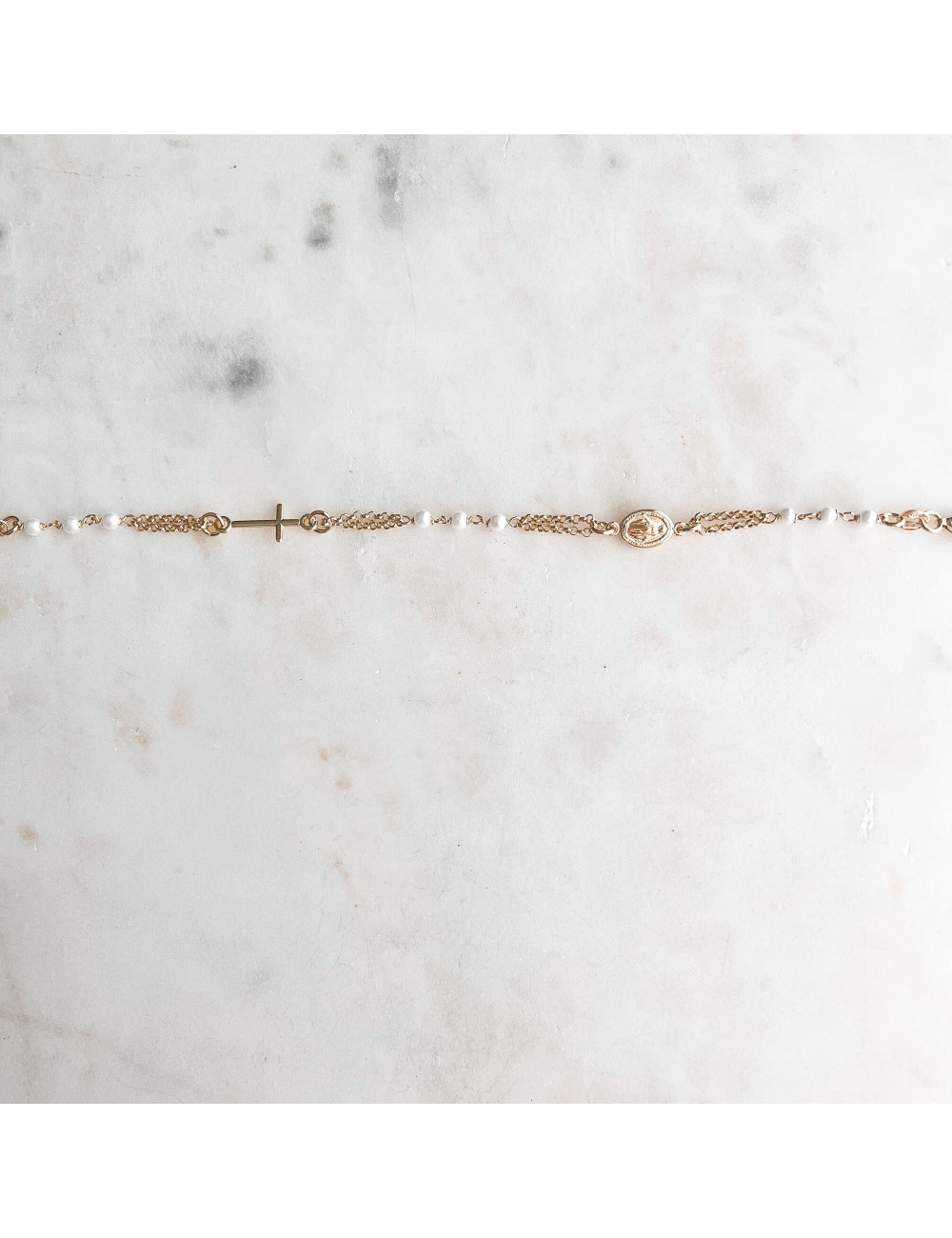 Pulseira Faith Santa e Cruz Pérolas Prata Dourada