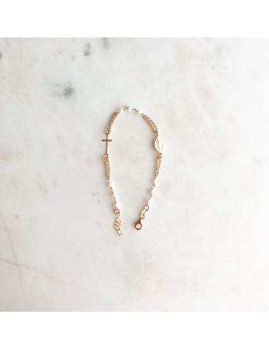Pulseira Faith Santa e Cruz Pérolas Prata Dourada