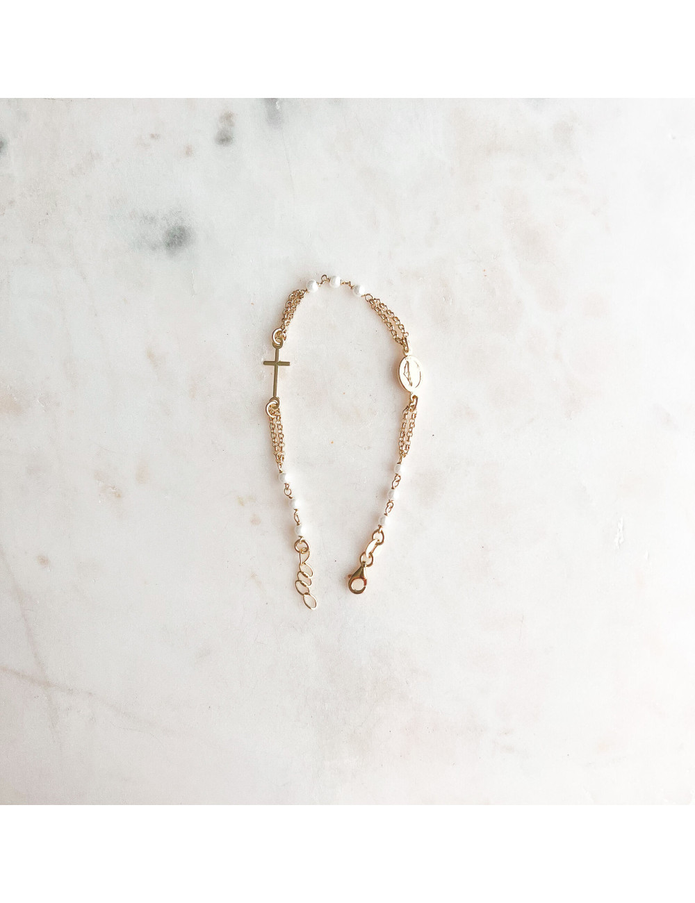 Pulseira Faith Santa e Cruz Pérolas Prata Dourada