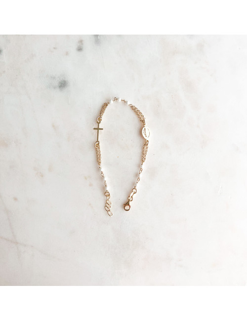 Pulseira Faith Santa e Cruz Pérolas Prata Dourada