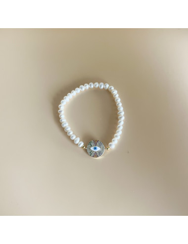 Pulseira pérolas e olho Prata dourada
