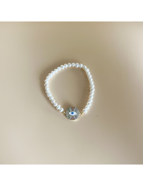 Pulseira pérolas e olho Prata dourada
