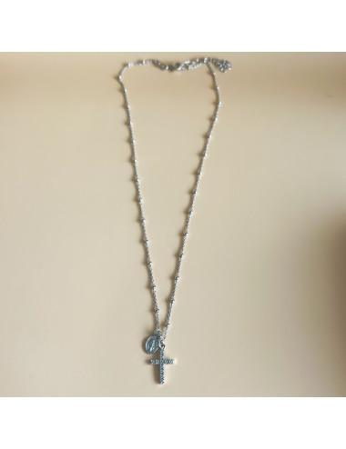 Colar Cruz e Milagrosa Prata