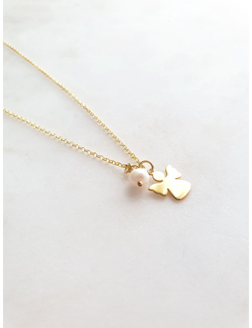 COLAR ANJO E PÉROLA PRATA DOURADA