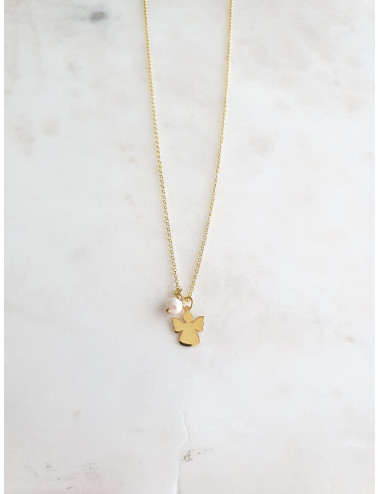 COLAR ANJO E PÉROLA PRATA DOURADA