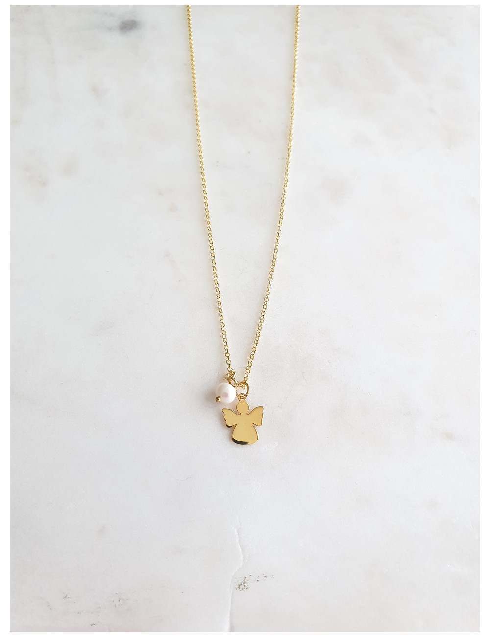 COLAR ANJO E PÉROLA PRATA DOURADA