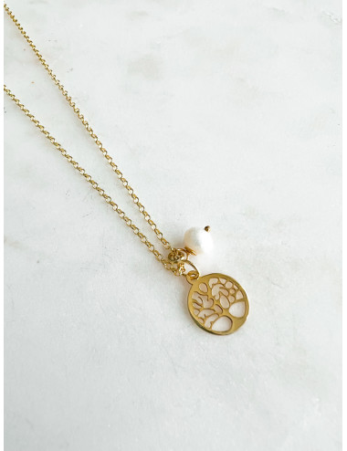 COLAR ÁRVORE VIDA E PÉROLA PRATA DOURADA