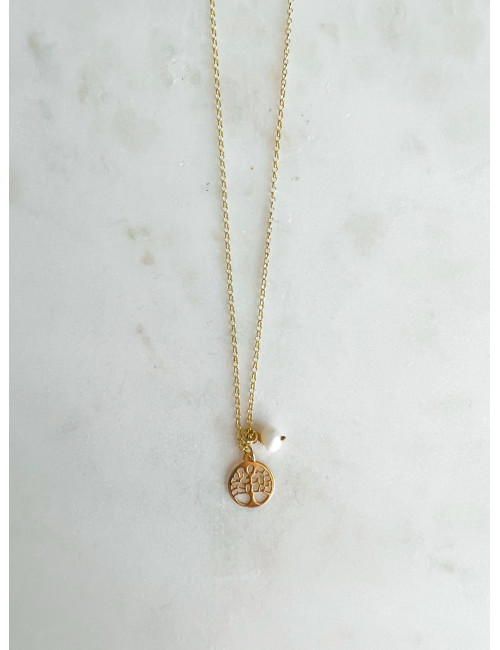 COLAR ÁRVORE VIDA E PÉROLA PRATA DOURADA