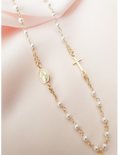 COLAR MEDALHA MILAGROSA E CRUZ PÉROLAS