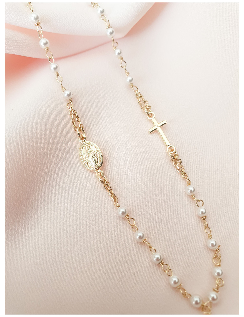 COLAR MEDALHA MILAGROSA E CRUZ PÉROLAS