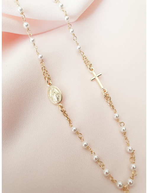 COLAR MEDALHA MILAGROSA E CRUZ PÉROLAS