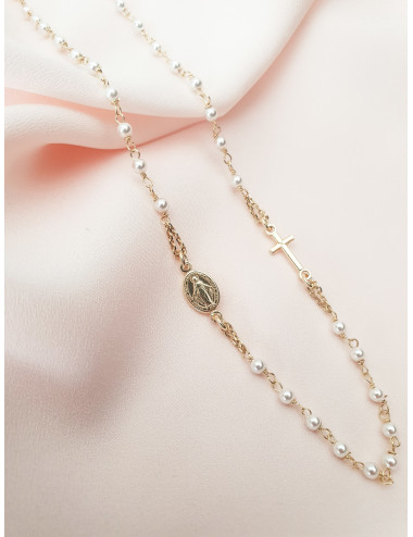 COLAR MEDALHA MILAGROSA E CRUZ PÉROLAS