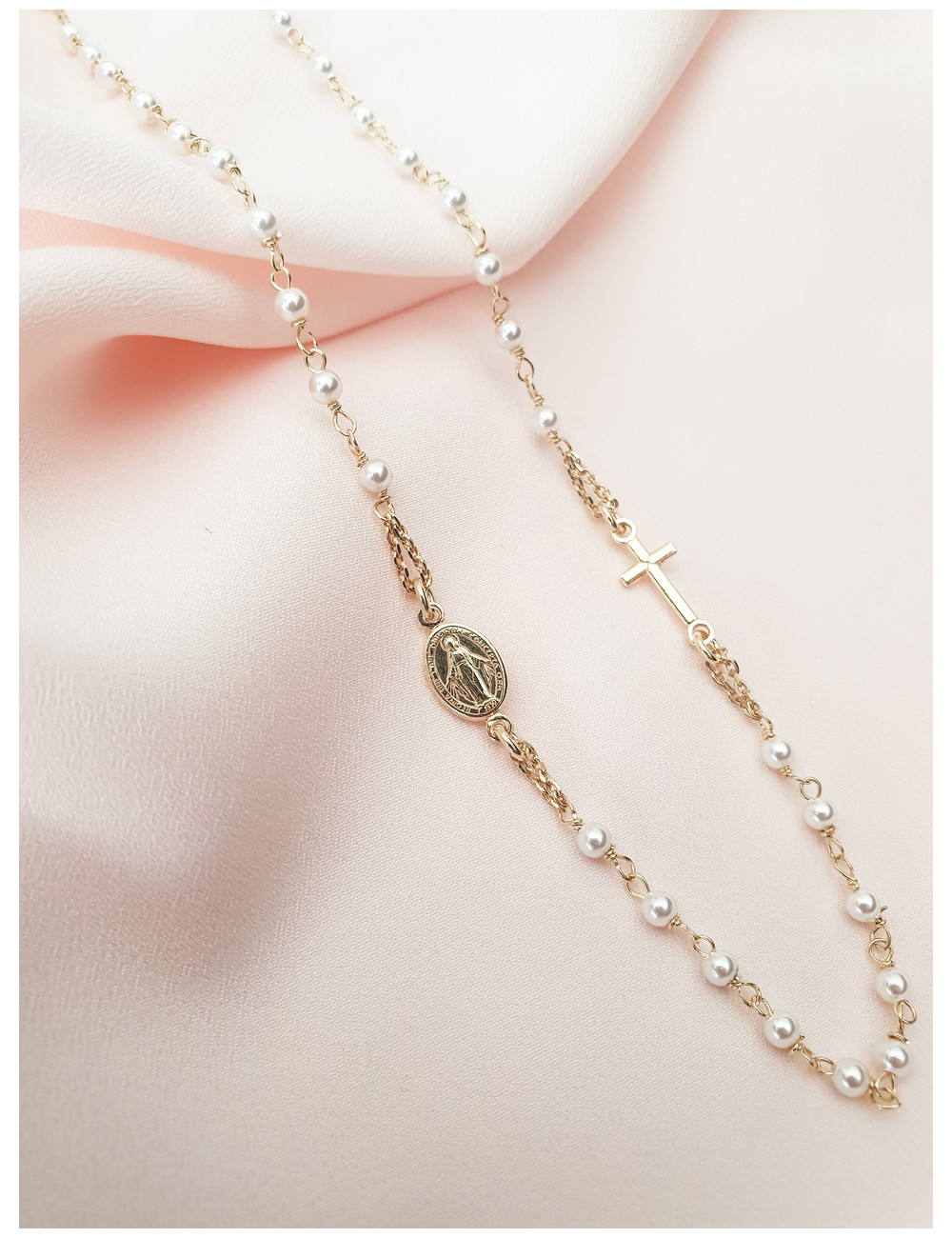 COLAR MEDALHA MILAGROSA E CRUZ PÉROLAS