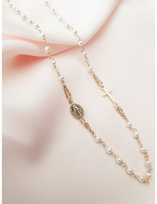 COLAR MEDALHA MILAGROSA E CRUZ PÉROLAS
